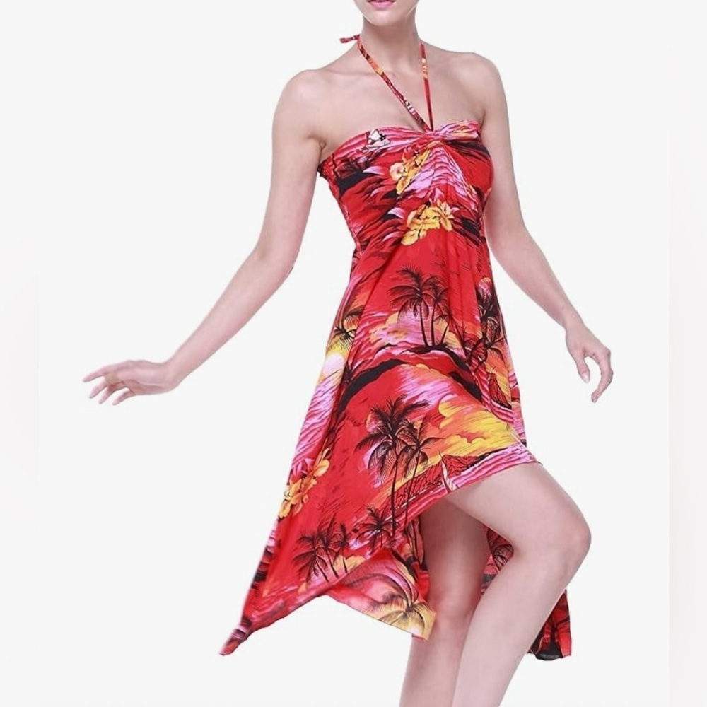Hawaiian Luau Halter Tunic Dress Tropical Red Halter Dress